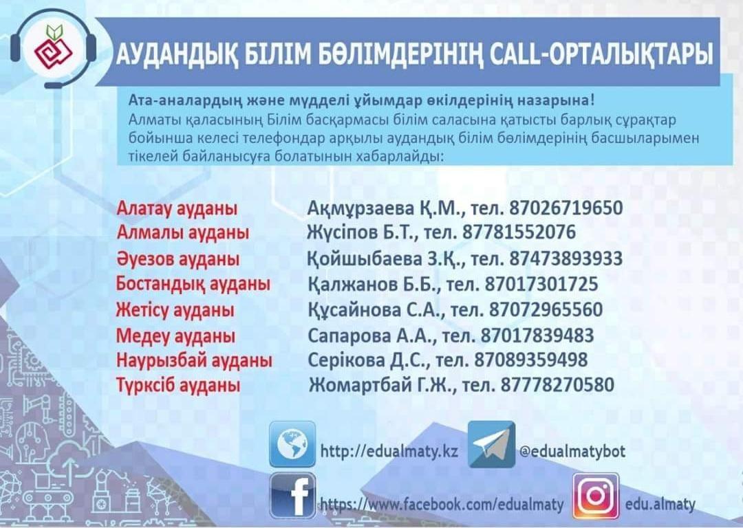 Ата-аналардың және  мүдделі ұйымдар өкілдерінің назарына!  Алматы қаласының Білім басқармасы білім саласына қатысты барлық сұрақтар бойынша келесі тел