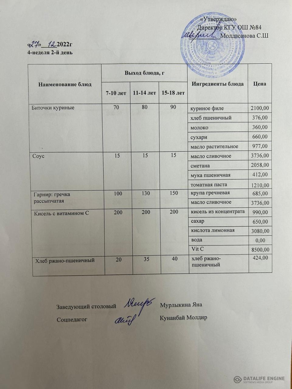Ас мәзірі 27.12 4-апта 2-күн,Меню 4-й неделя,2-й день