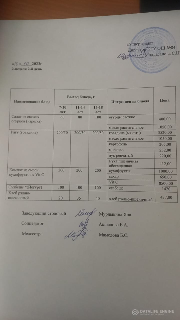 Ас мәзірі 10.10.2023