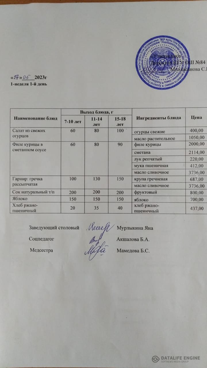 Лагерь, Ас мәзірі 27.05.2024.
