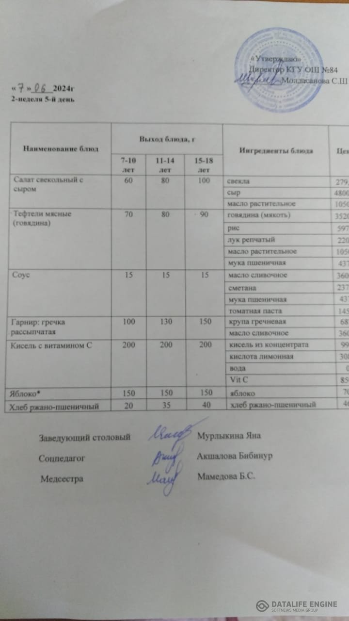 Лагерь, Ас мәзірі 07.06.2024.