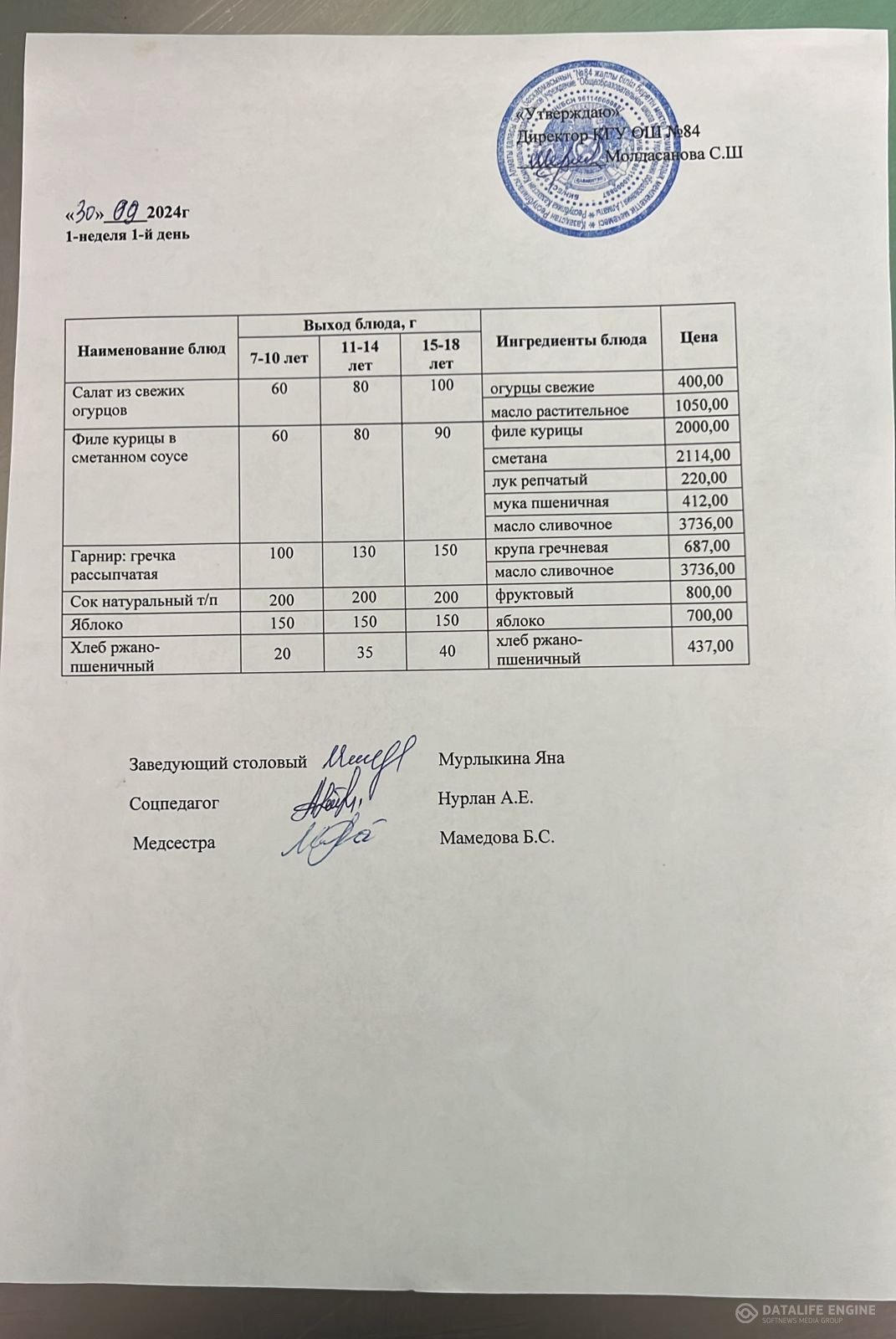 Ас мәзірі 30.09.2024 жыл