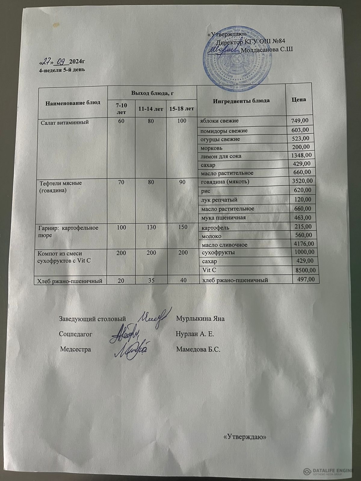 Ас мәзірі 27.09.2024 жыл