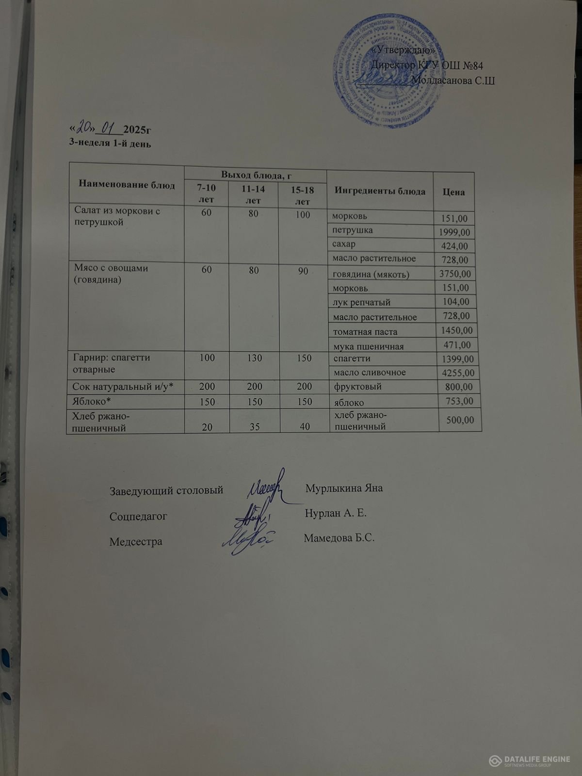 Ас мәзірі 20.01.2025 жыл