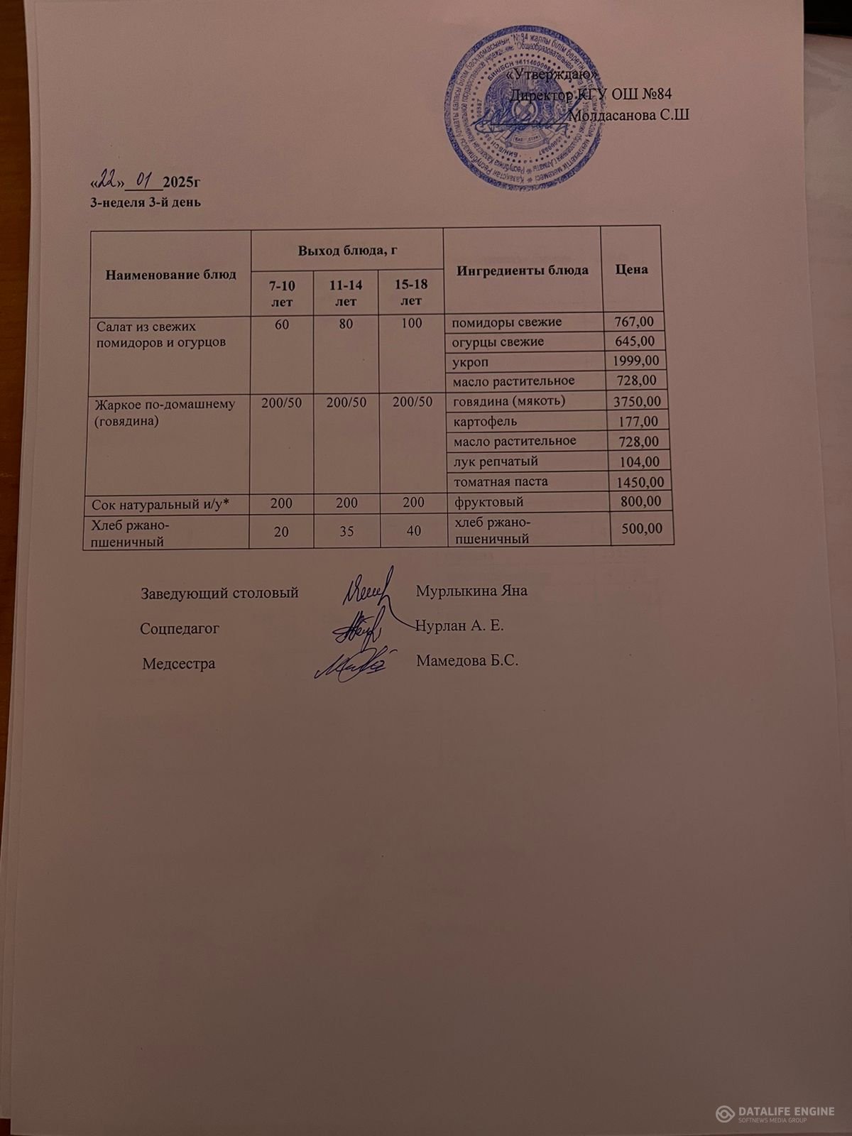 Ас мәзірі 22.01.2025 жыл