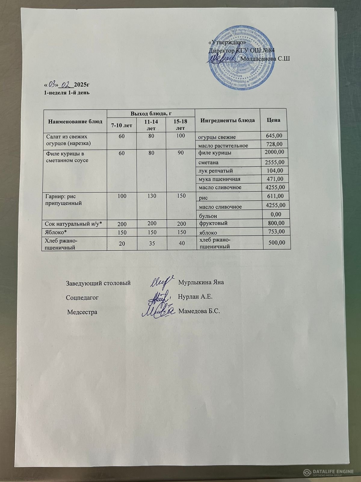 Ас мәзірі 03.02.2025 жыл