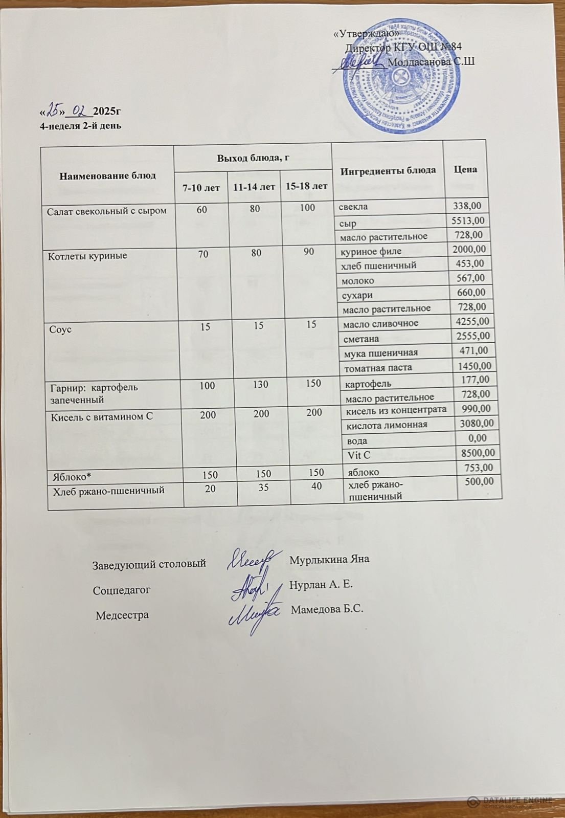 Ас мәзірі 25.02.2025 ж.