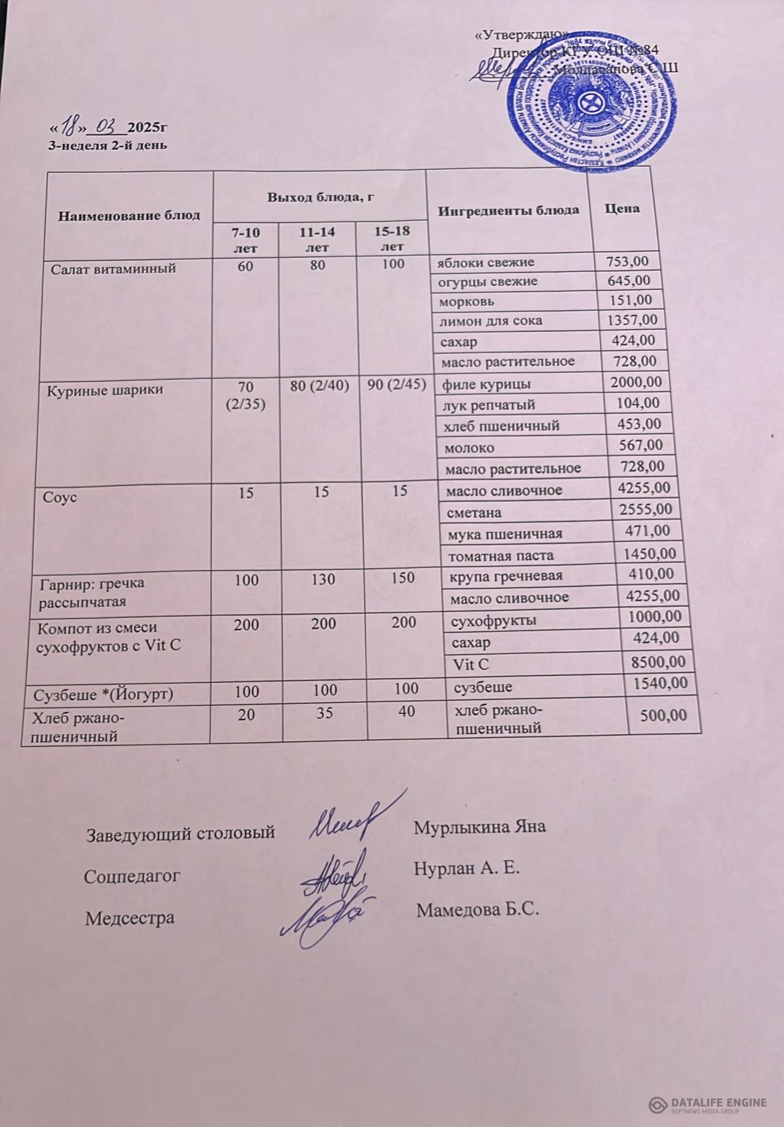 Ас мәзірі 18.03.2025 жыл