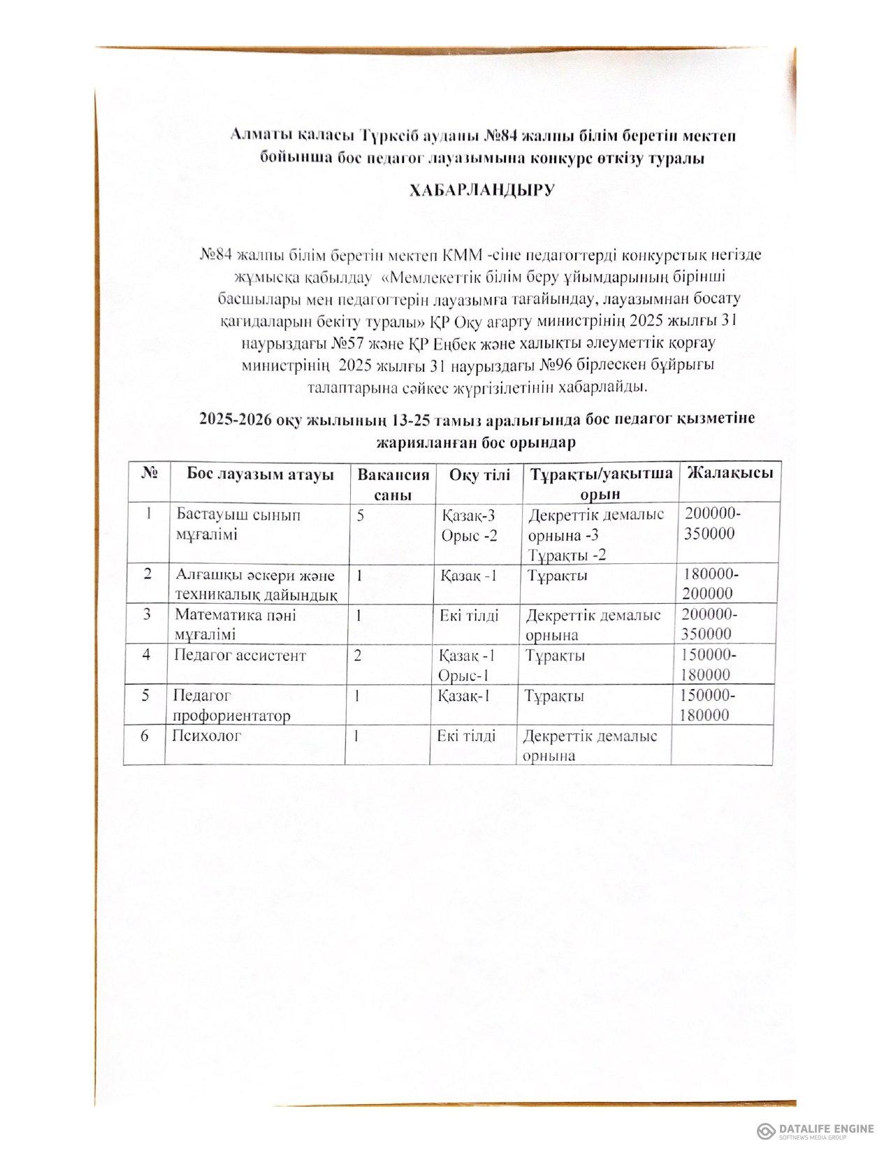 Алматы қаласы Түрксіб ауданы №84 жалпы білім беретін мектеп бойынша бос педагог лауазымына конкурс өткізу туралы