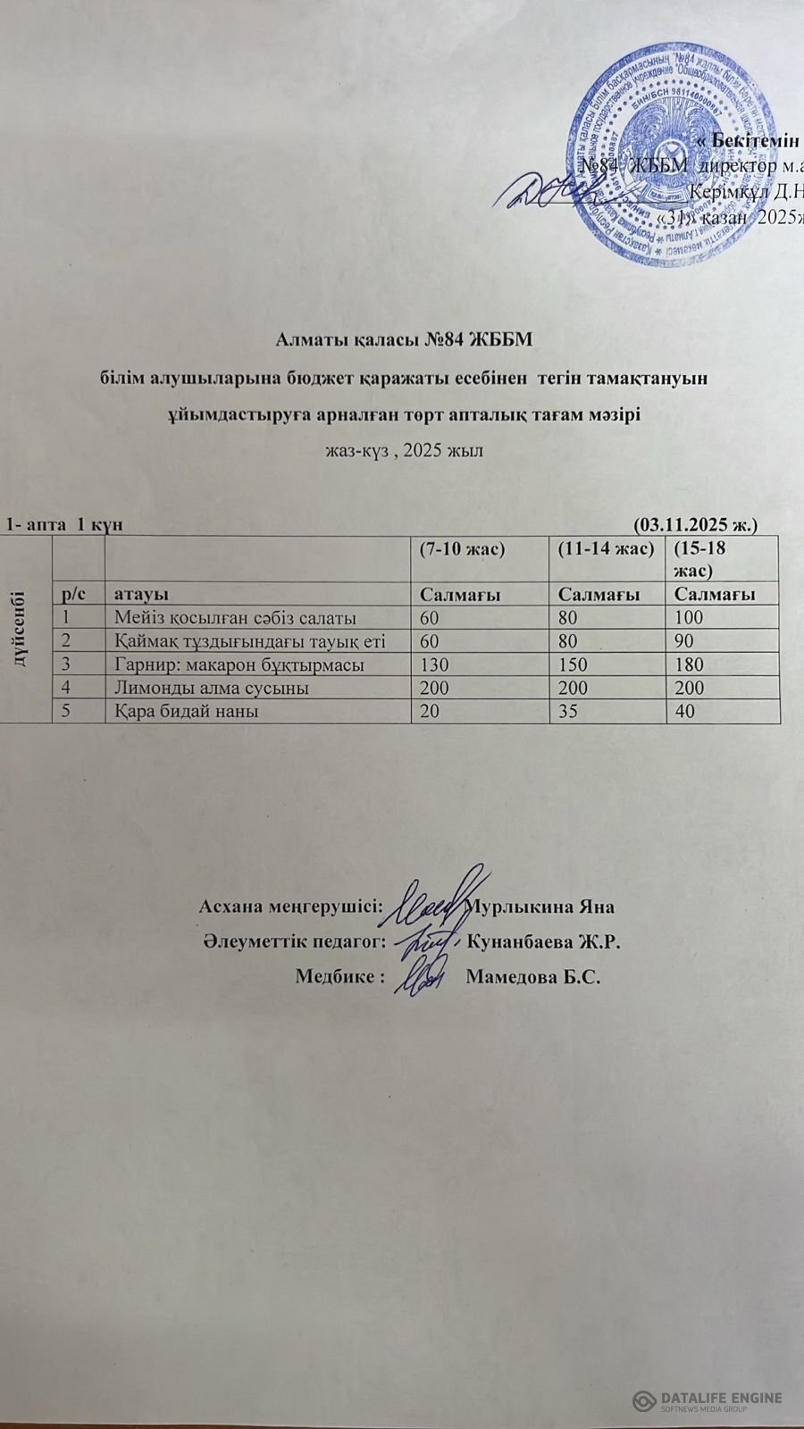Ас мәзірі 03.11.2025 ж.