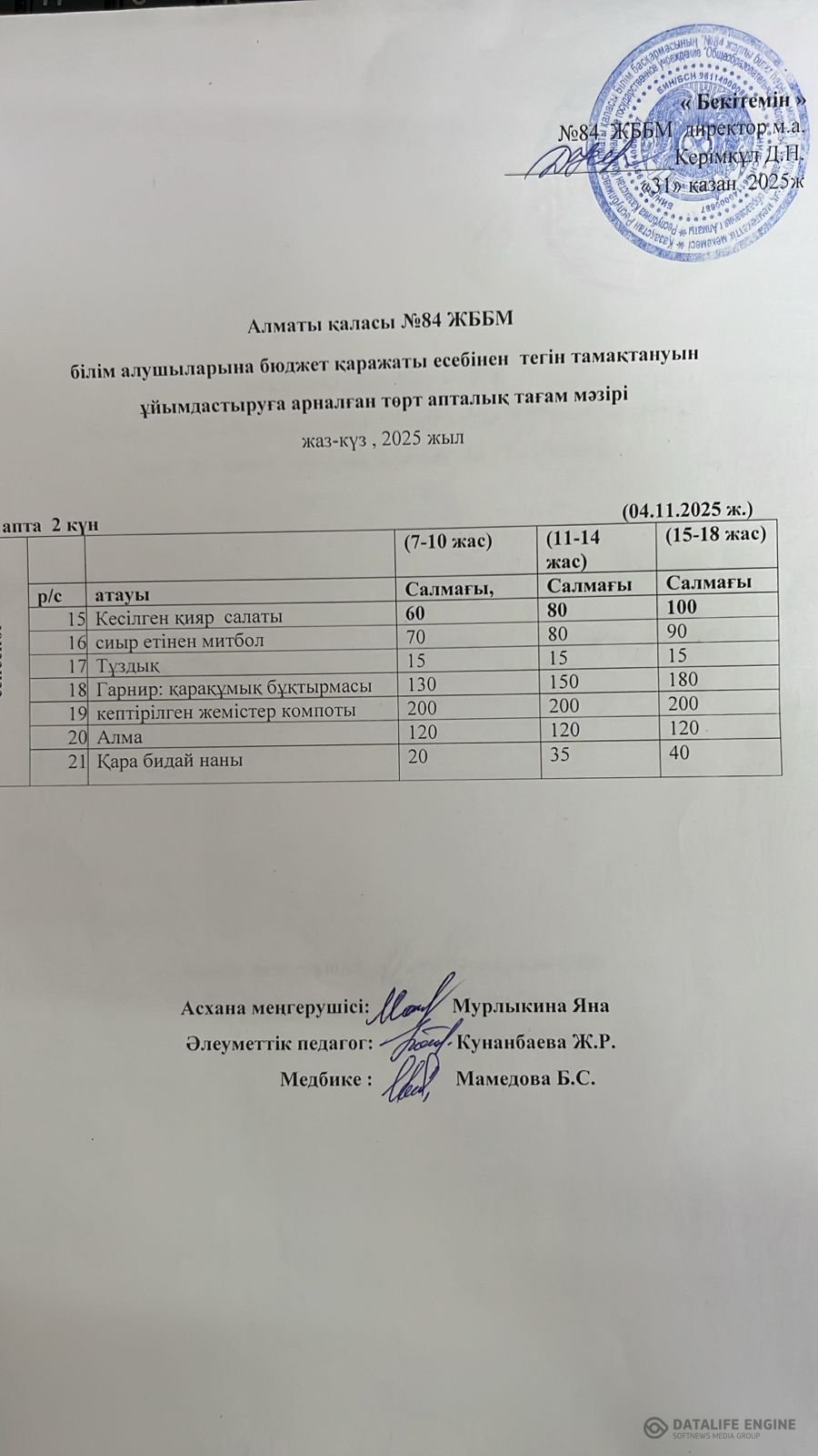 Ас мәзірі 04.11.2025 ж.