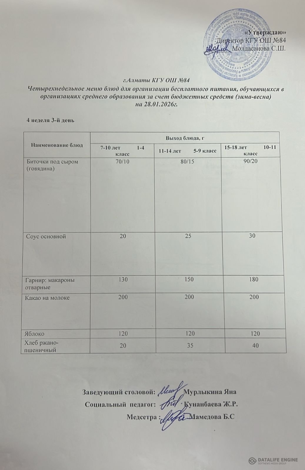 Ас мәзірі 28.01.2026