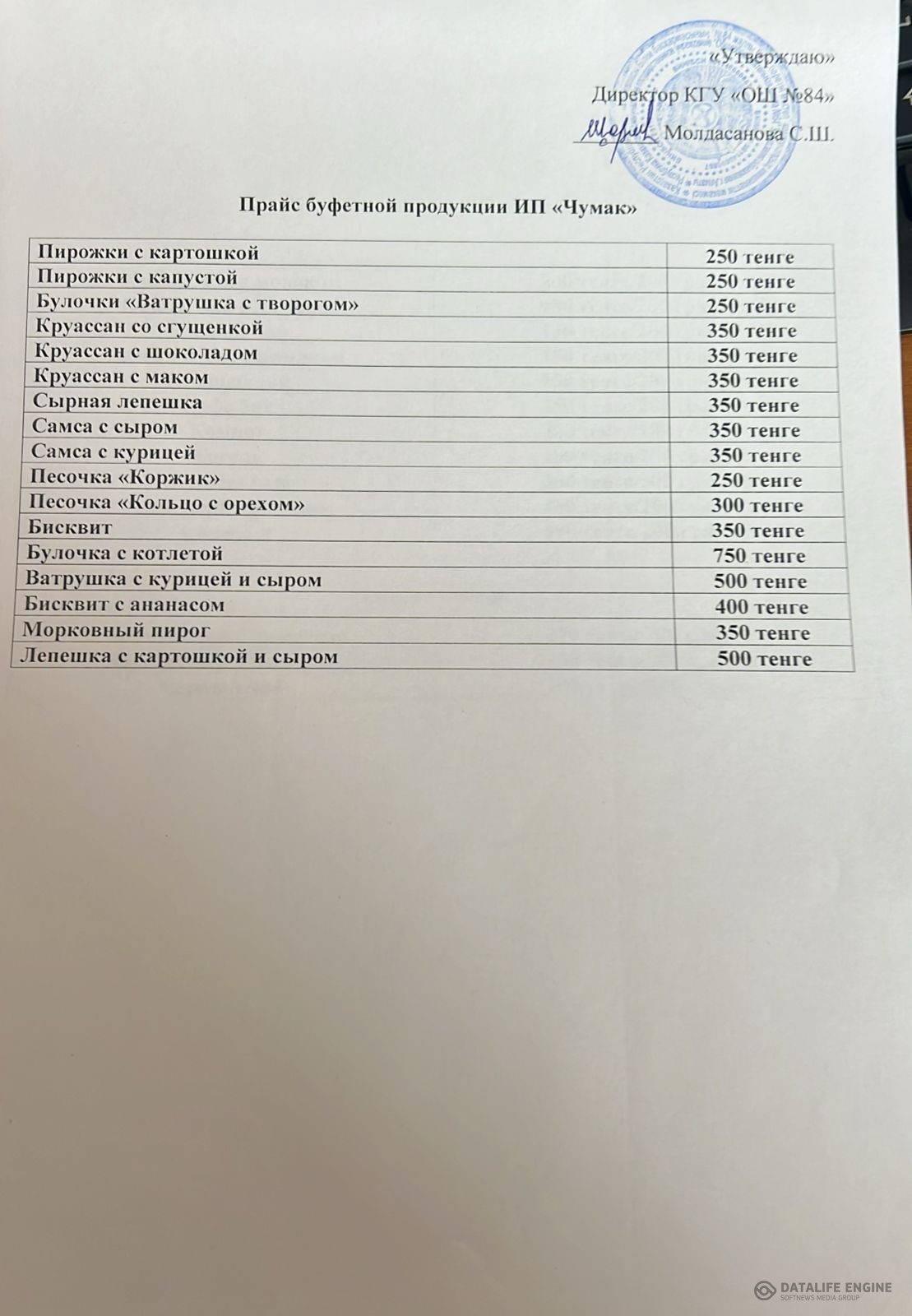 Меню плптного буфетного питания с указанием цен